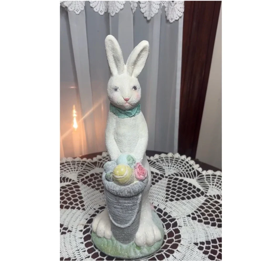 Vintage Rabbit Spring Easter Egg Basket Figurine Pier 1 White Pink Gray Blue